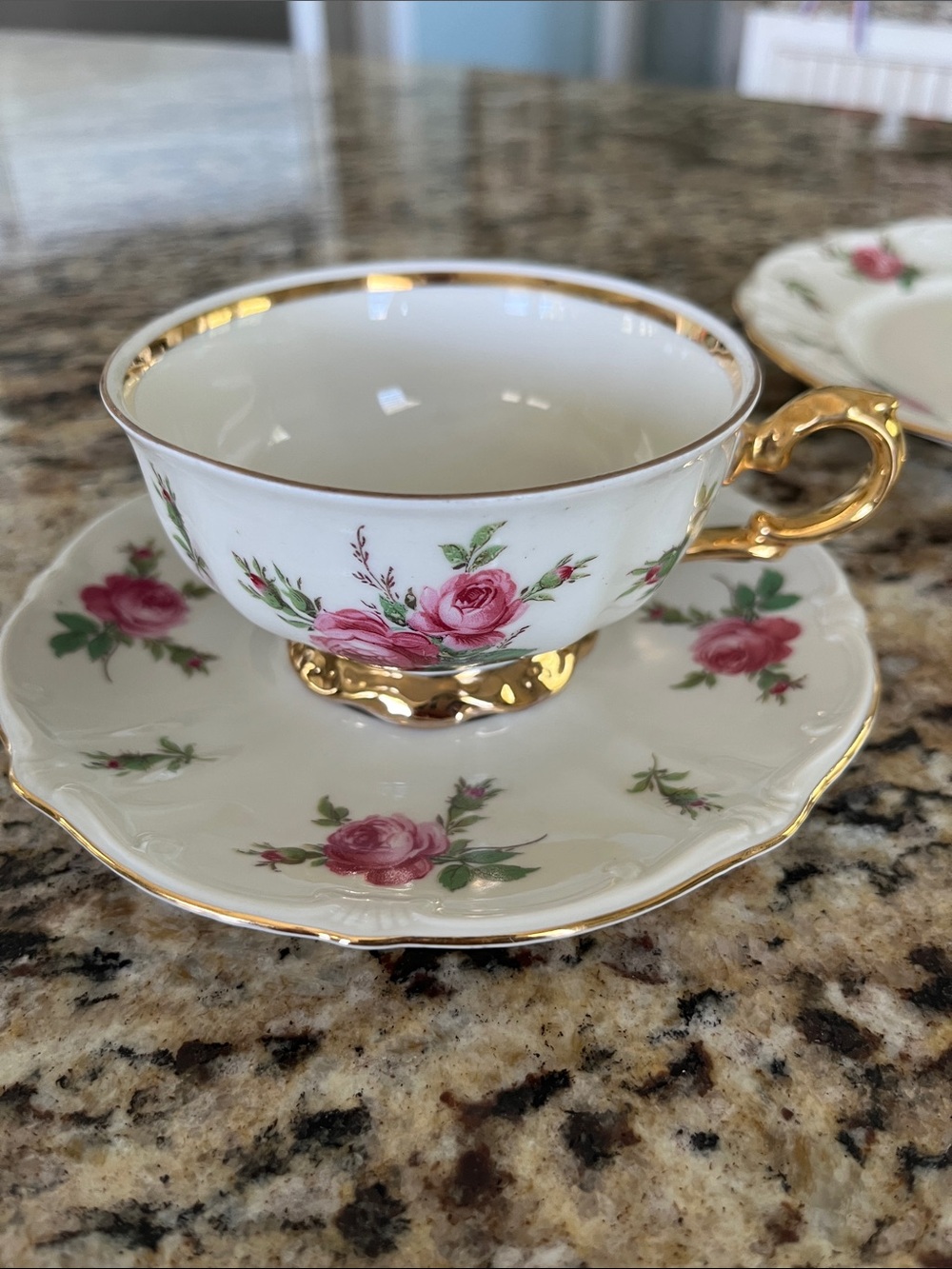 Fine Porcelain White Tea Cup & Saucer Set with Pink Rose and Gold Trim - Picture 6 of 6